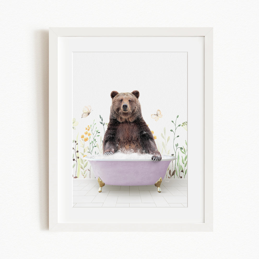 A brown bear sitting in a purple bathtub filled with bubbles, surrounded by flowers and butterflies.