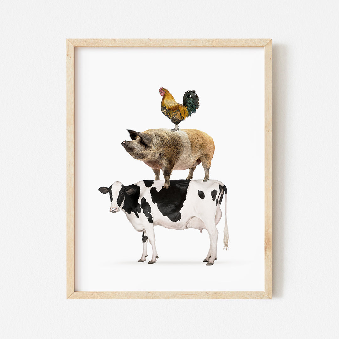 a picture of a pig and a chicken on top of a cow