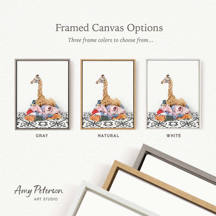 three framed canvas options, each featuring a giraffe on a patterned background. The options include a gray frame, a natural frame, and a white frame.