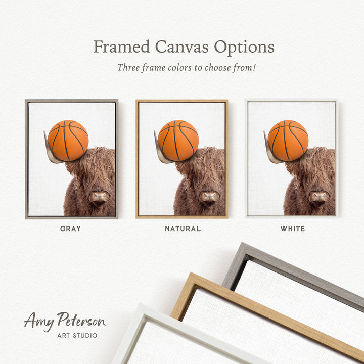 The image is a framed canvas option featuring three different colored frames, each containing a photo of a brown cow holding a basketball.