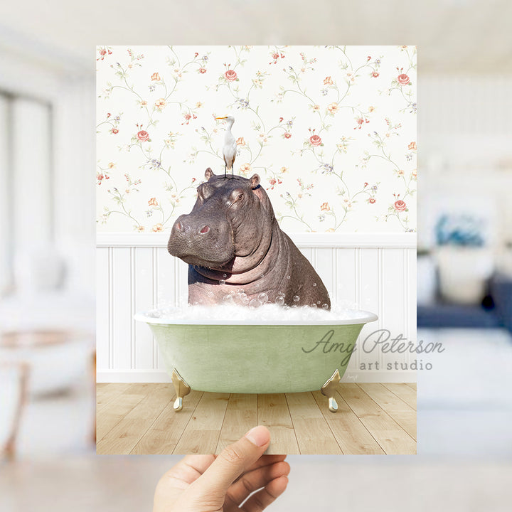 a hippo sitting in a bathtub with a wallpaper behind it