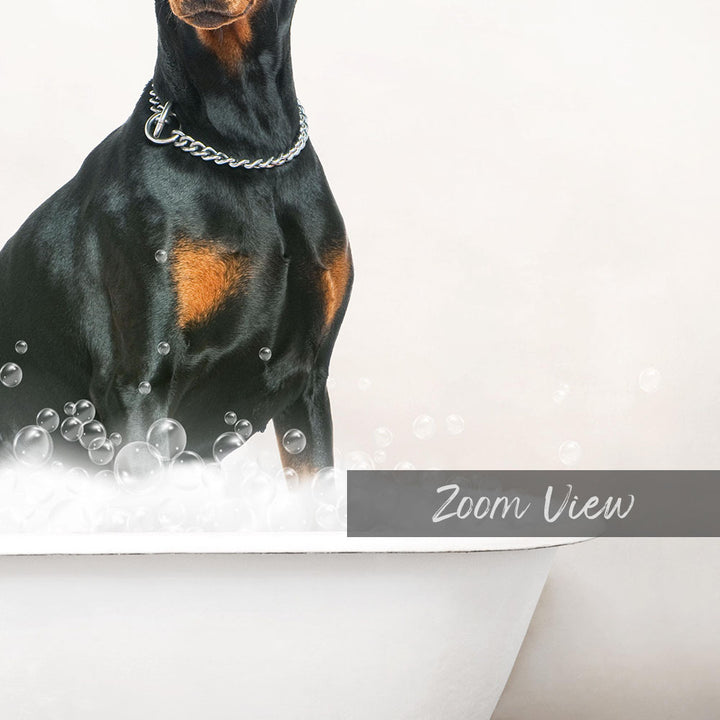 A black and brown dog sitting in a bathtub filled with bubbles, with the text "Zoom View" displayed below the image.