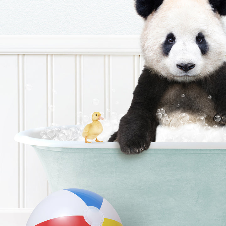 a panda bear sitting in a bathtub with a rubber duck