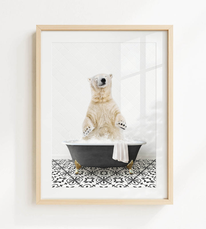 A polar bear sitting in a black bathtub filled with water, surrounded by a black and white patterned floor.