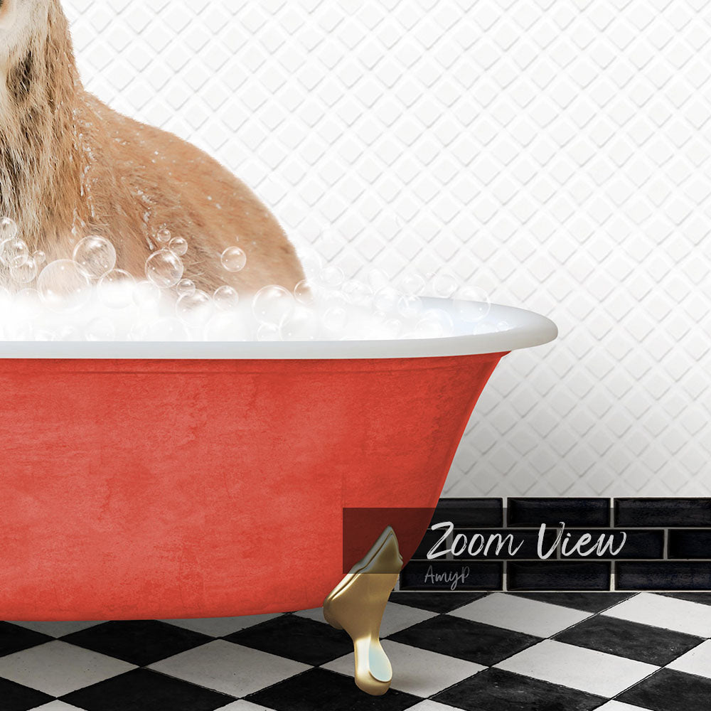 A red bathtub filled with bubbles, with a cat sitting inside and enjoying a bath.