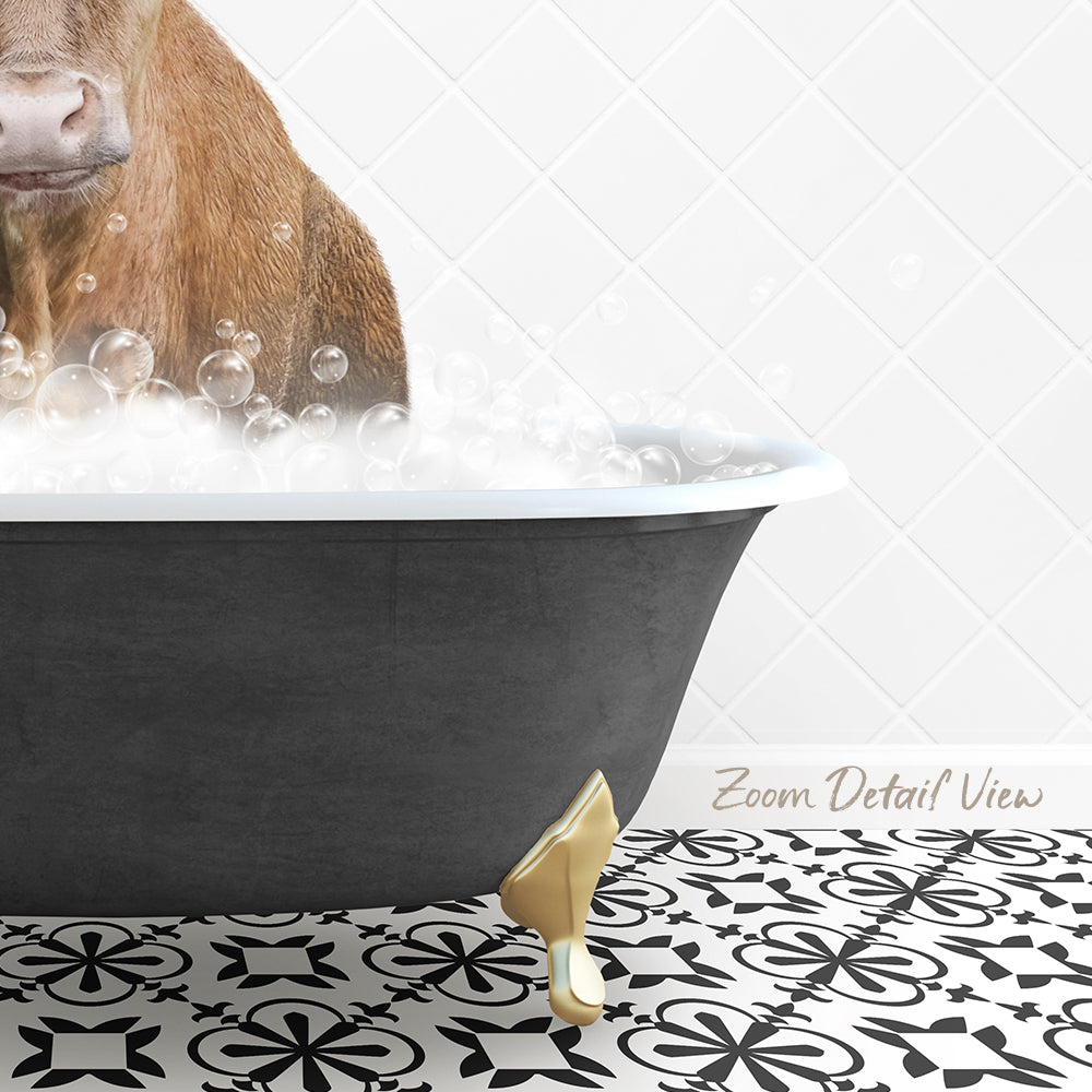 A brown cow is standing in a bathtub filled with bubbles, with a patterned tile floor in the foreground.