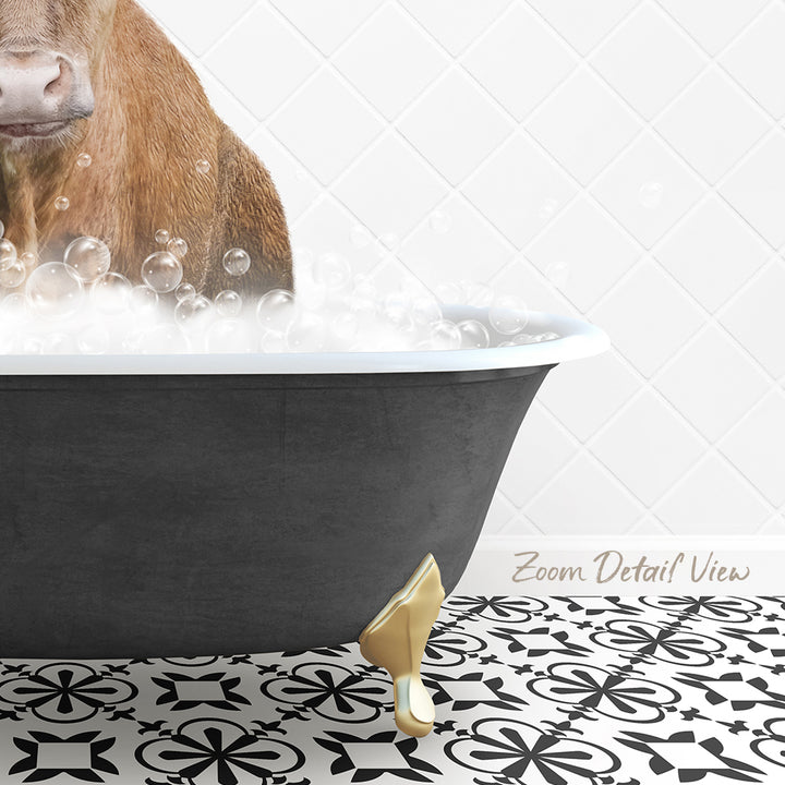 A brown cow is standing in a bathtub filled with bubbles, with a patterned tile floor in the foreground.