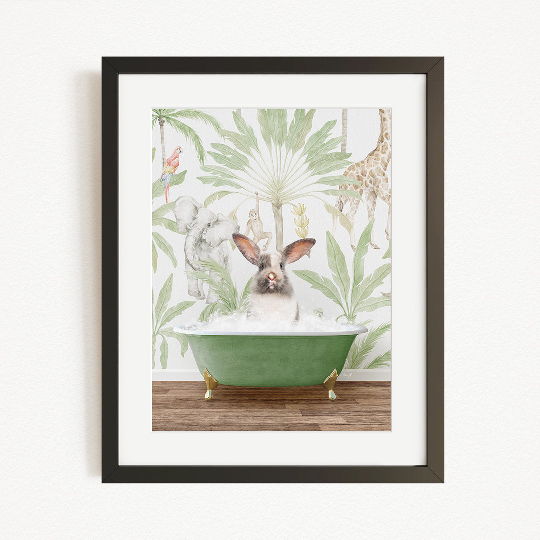 A framed print depicting a rabbit sitting in a green bathtub, surrounded by various animals and plants, including a giraffe and palm trees.