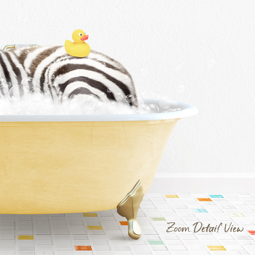 A yellow bathtub filled with bubbles, with a rubber duck sitting on the back of a zebra.