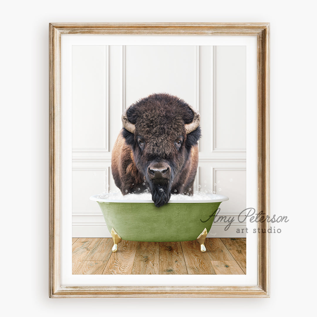 a picture of a bison taking a bath