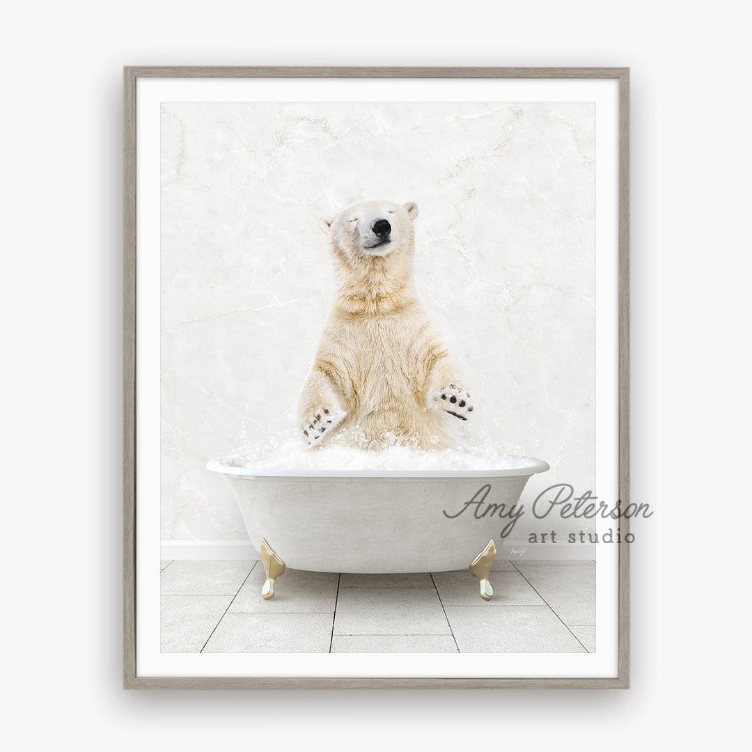 a polar bear sitting in a bath tub