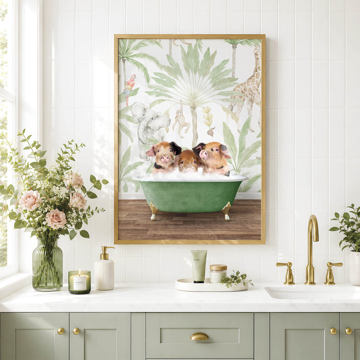 A framed picture of three pigs sitting in a bathtub, surrounded by tropical foliage, is displayed on a wall above a bathroom counter with various toiletries and decor.