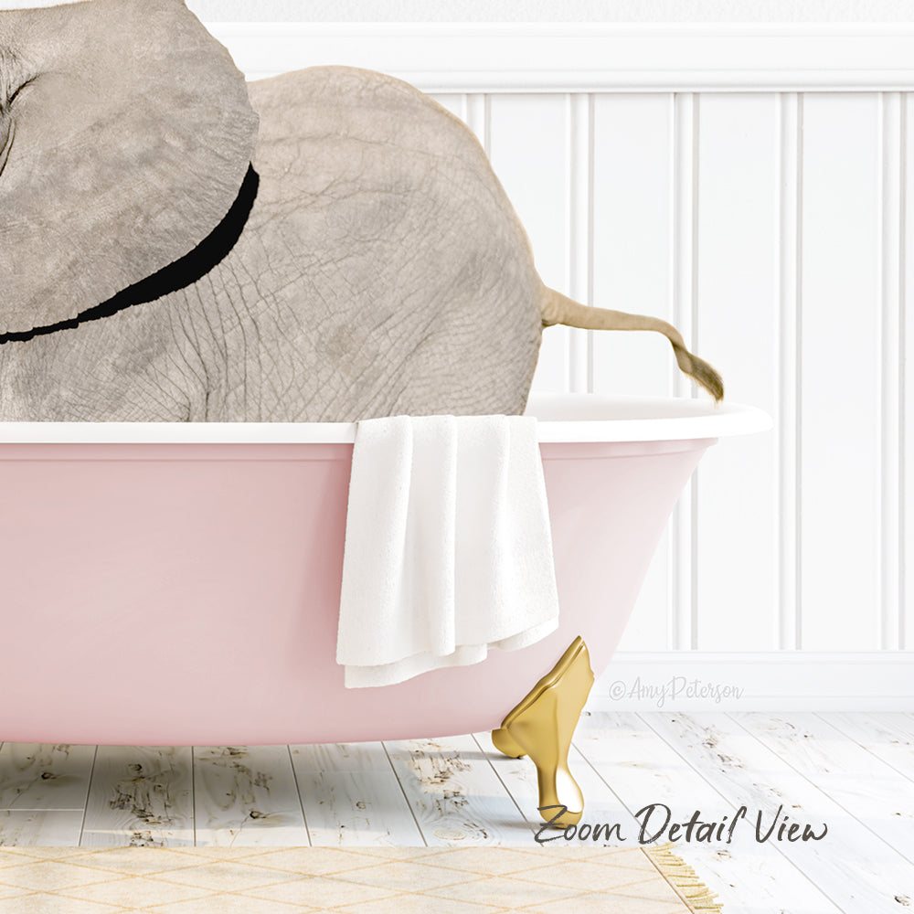 A large gray elephant is sitting in a pink bathtub, with a white towel and gold shoe placed on the side of the tub.