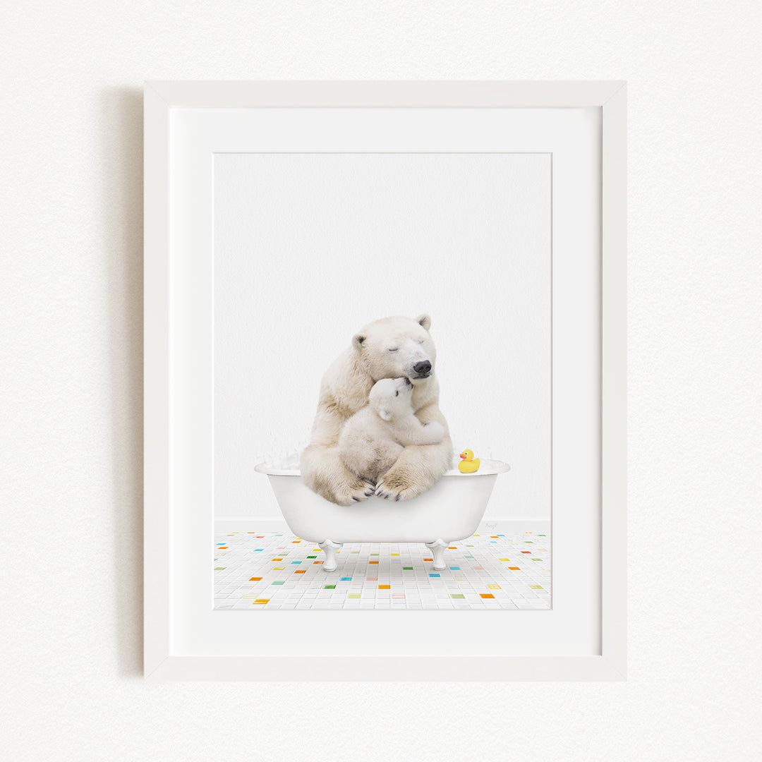 A polar bear and a cub are sitting together in a bathtub, with a rubber duck floating nearby.