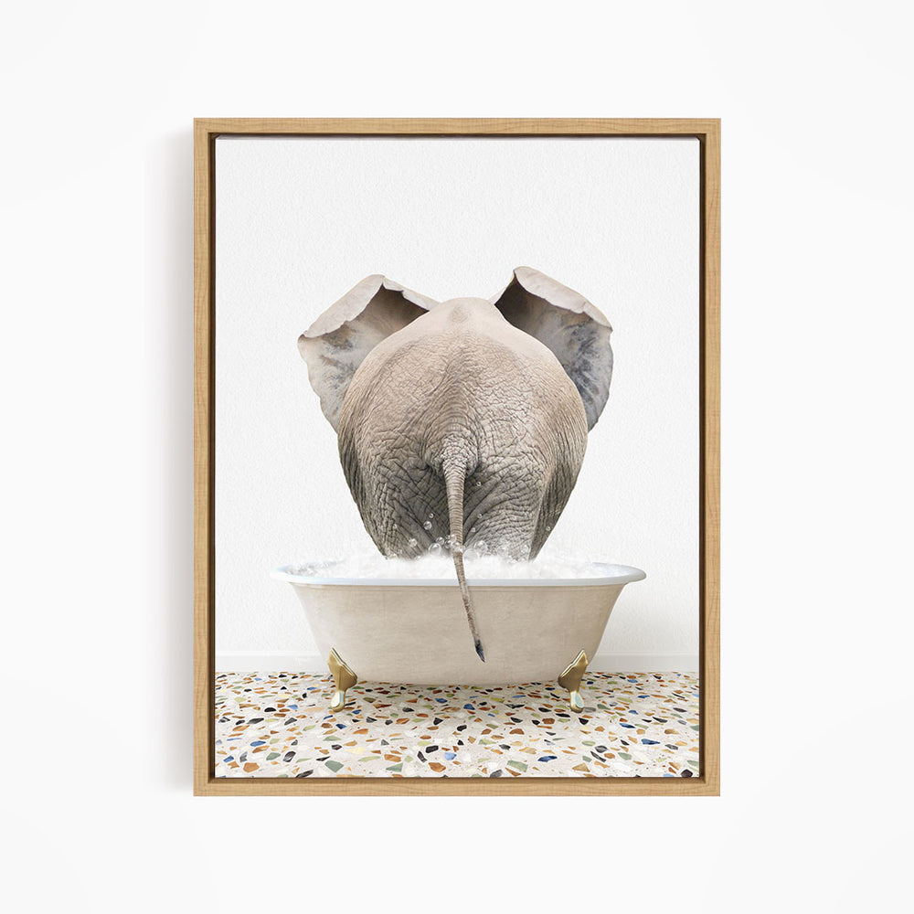 An elephant is standing in a bathtub filled with water, with its trunk submerged in the water.