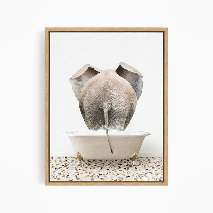 An elephant is standing in a bathtub filled with water, with its trunk submerged in the water.