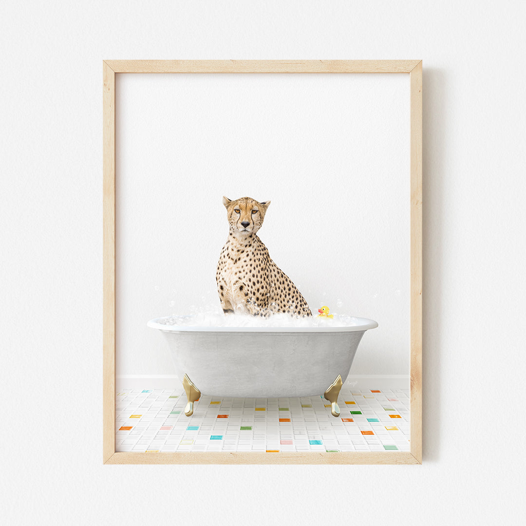 a picture of a cheetah sitting in a bathtub