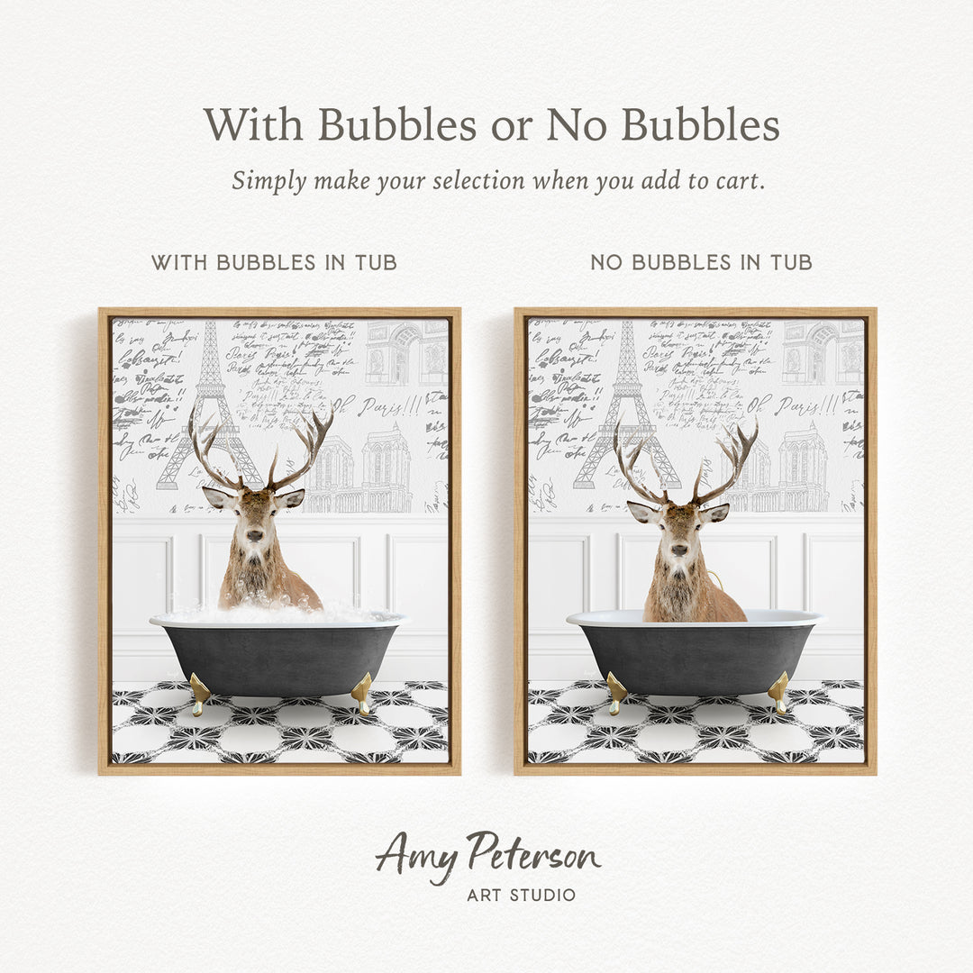 The image is a collage of two framed pictures featuring a deer in a bathtub. The deer has antlers and is sitting in a black bathtub with a white and black checkered floor. The text above the images reads "With Bubbles or No Bubbles Simply make your selection when you add to cart." The text below the images says "WITH BUBBLES IN TUB" and "NO BUBBLES IN TUB," indicating the presence or absence of bubbles in the bathtub.