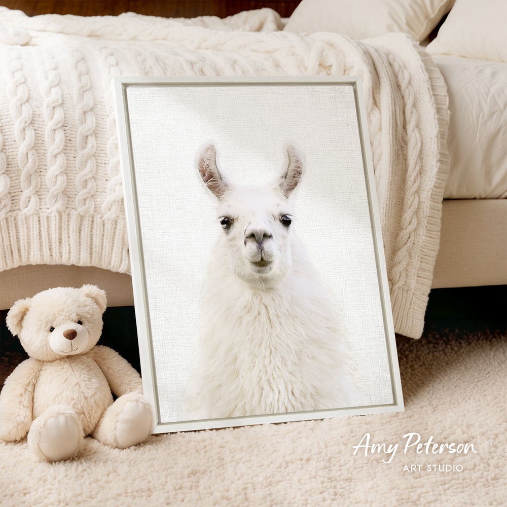 A framed photograph of a white llama is displayed on a bed, accompanied by a teddy bear.