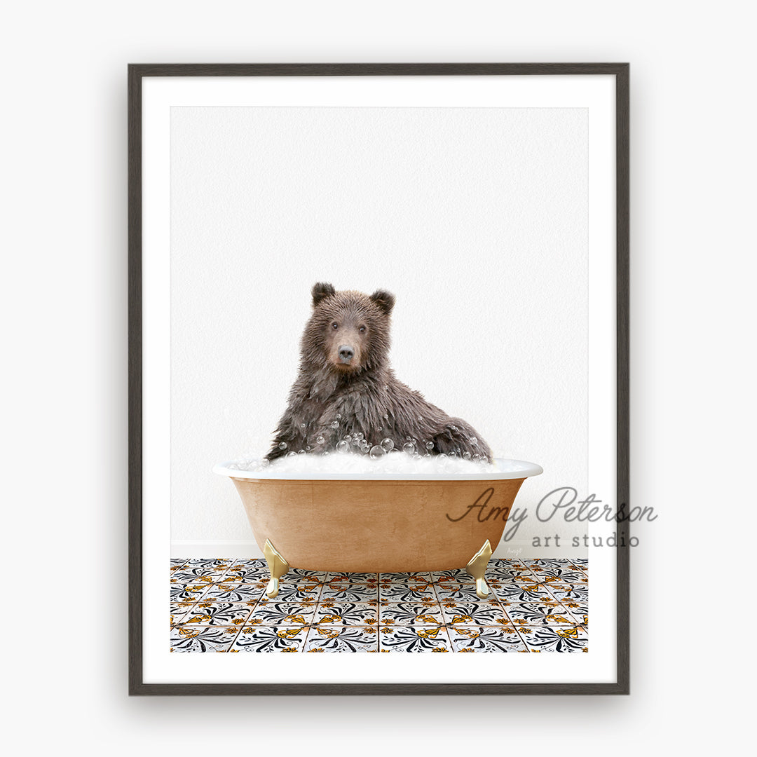 a brown bear sitting in a bath tub