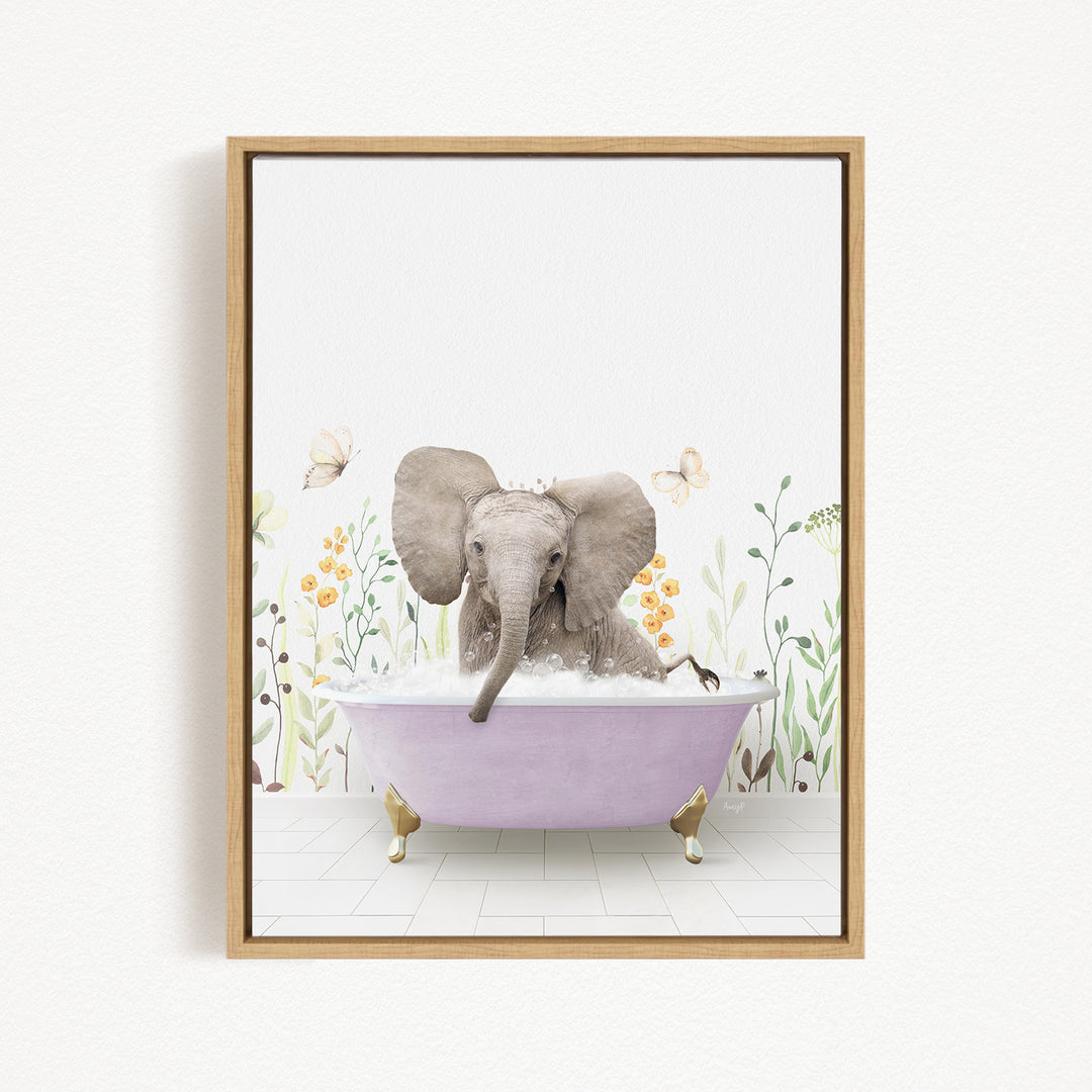 A gray elephant is sitting in a purple bathtub filled with bubbles, surrounded by flowers and butterflies.