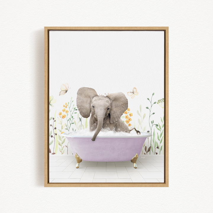 A gray elephant is sitting in a purple bathtub filled with bubbles, surrounded by flowers and butterflies.