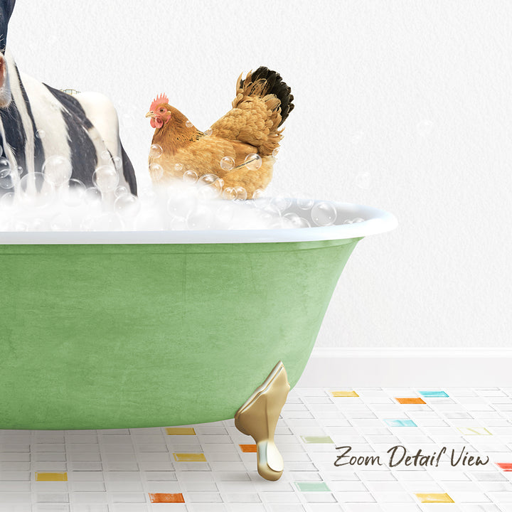 A chicken is sitting in a green bathtub filled with bubbles, while a zebra is standing nearby.