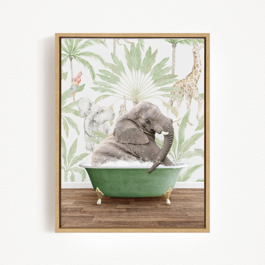 A gray elephant is sitting in a green bathtub, surrounded by a tropical jungle scene with palm trees, giraffes, and other animals.