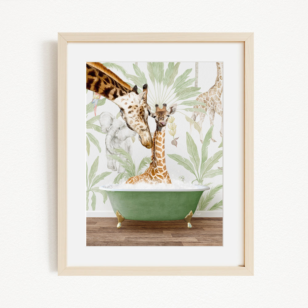 A framed illustration depicting a giraffe sitting in a green bathtub, surrounded by other giraffes and tropical foliage.