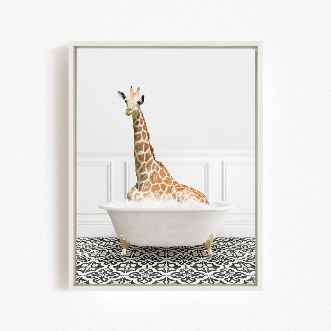 A giraffe sitting in a white bathtub filled with water, surrounded by a black and white patterned floor.