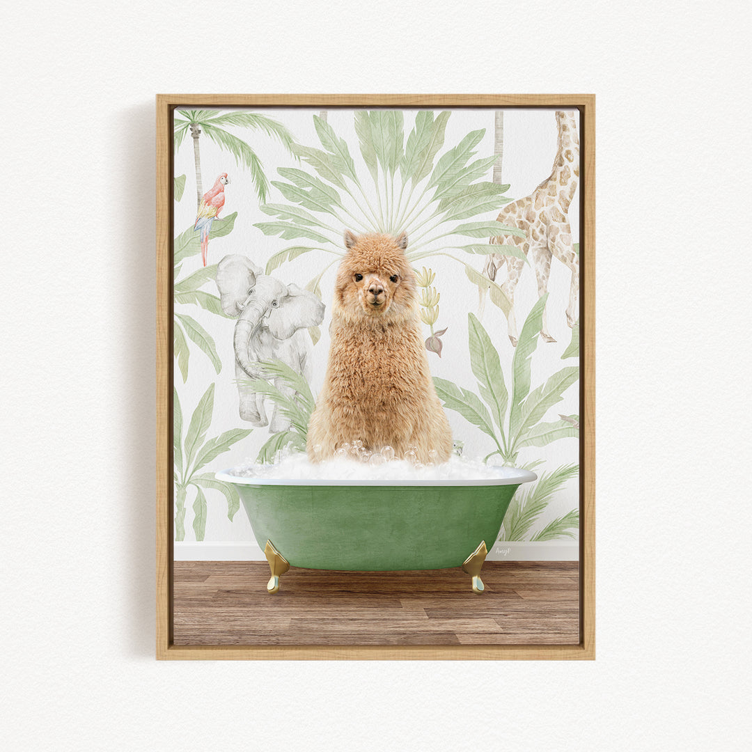 A fluffy brown dog is sitting in a green bathtub filled with water, surrounded by tropical plants and animals, such as a giraffe and a parrot, creating a whimsical and playful scene.