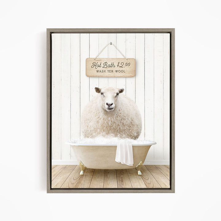 A fluffy white sheep sits in a bathtub, with a sign above it that reads "Hot Bath $2.00 WASH YOUR WOOL".