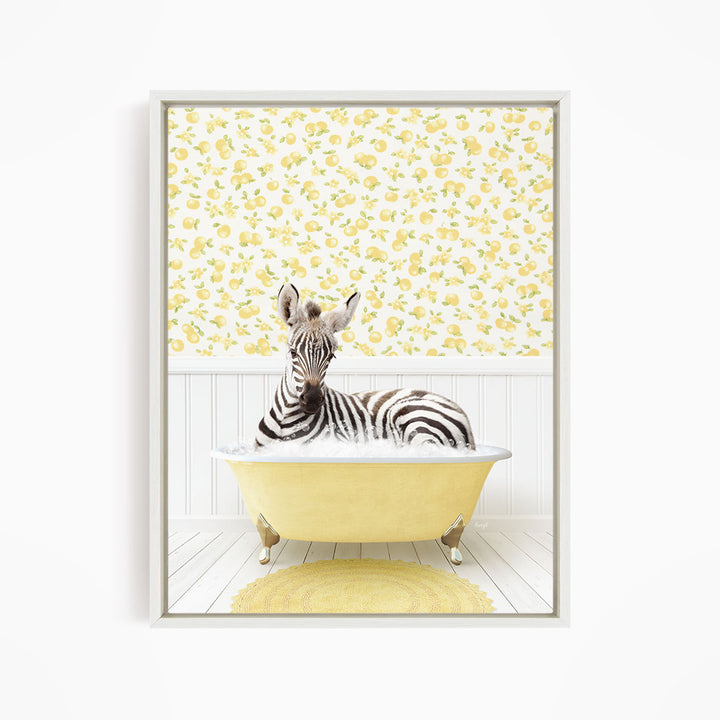 A zebra is sitting in a yellow bathtub, surrounded by a yellow and white floral patterned wall.