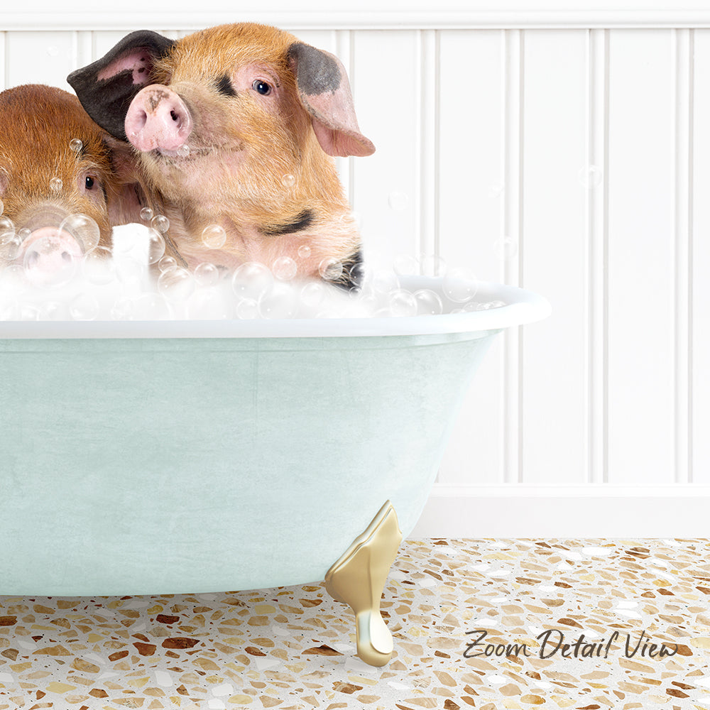 A pair of adorable pigs enjoying a bath in a light blue bathtub, surrounded by bubbles.
