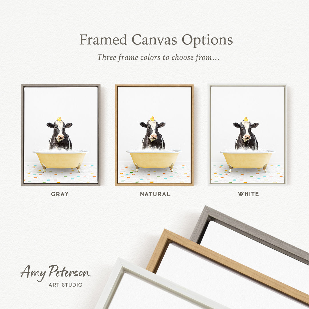 three framed canvas options featuring a cow in a bathtub, each with a different frame color: gray, natural, and white.