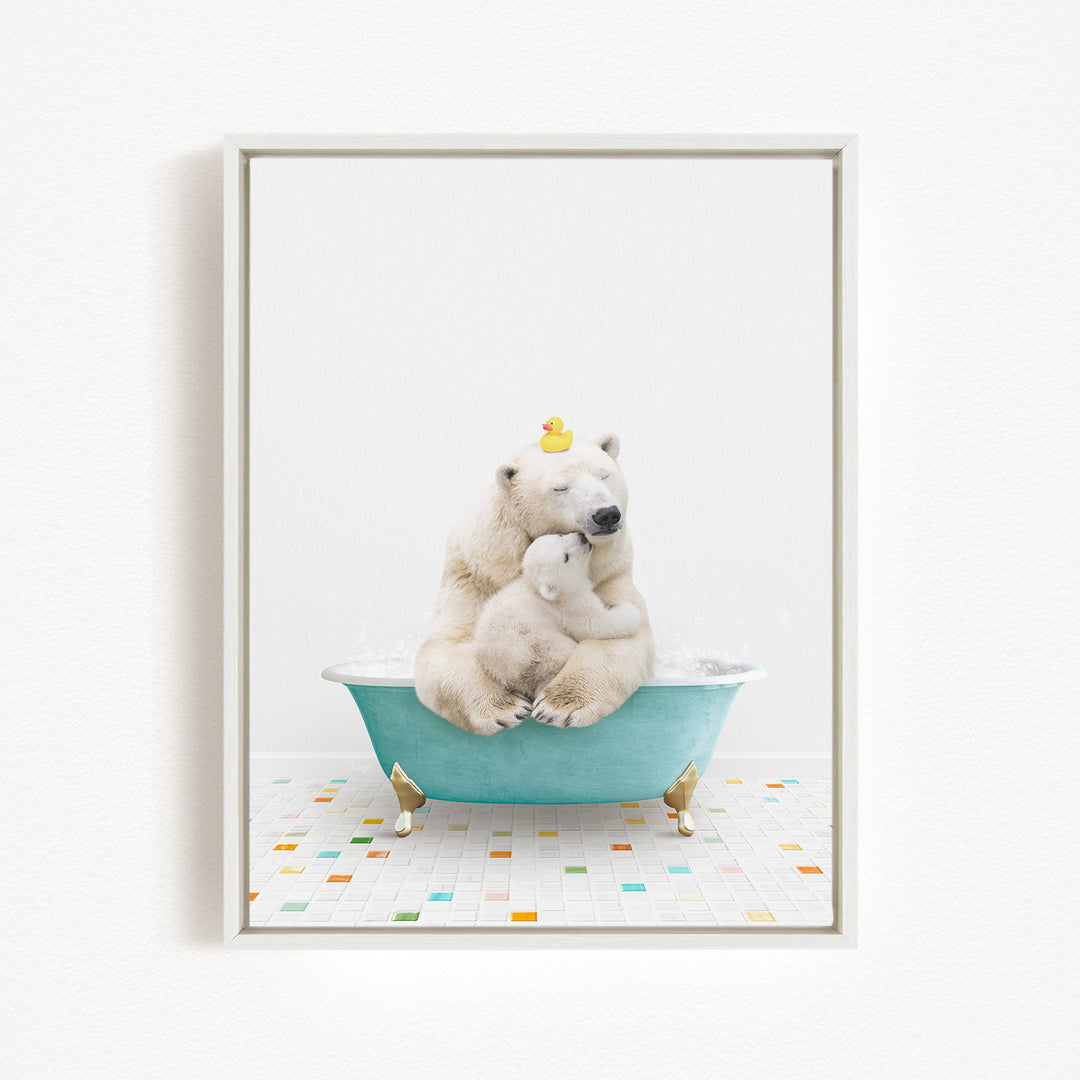 A polar bear is sitting in a bathtub filled with water, with a rubber duck floating on its head.