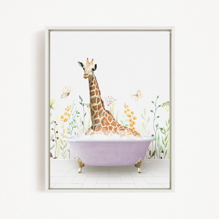 A giraffe sitting in a purple bathtub filled with bubbles, surrounded by flowers and butterflies.