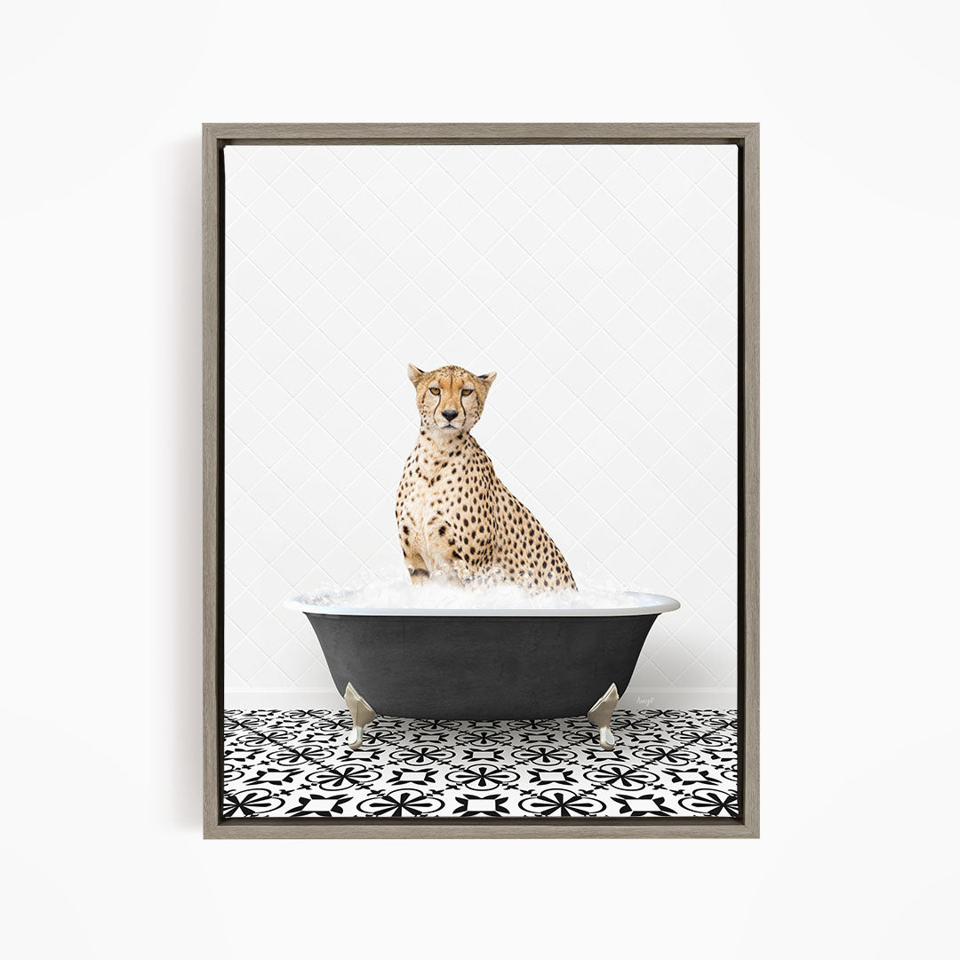 A cheetah sitting in a bathtub filled with water, surrounded by a black and white patterned floor.