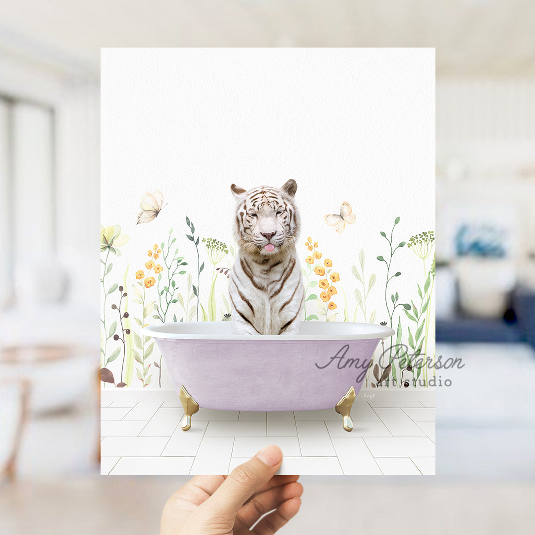 a person holding a card with a picture of a tiger in a bathtub