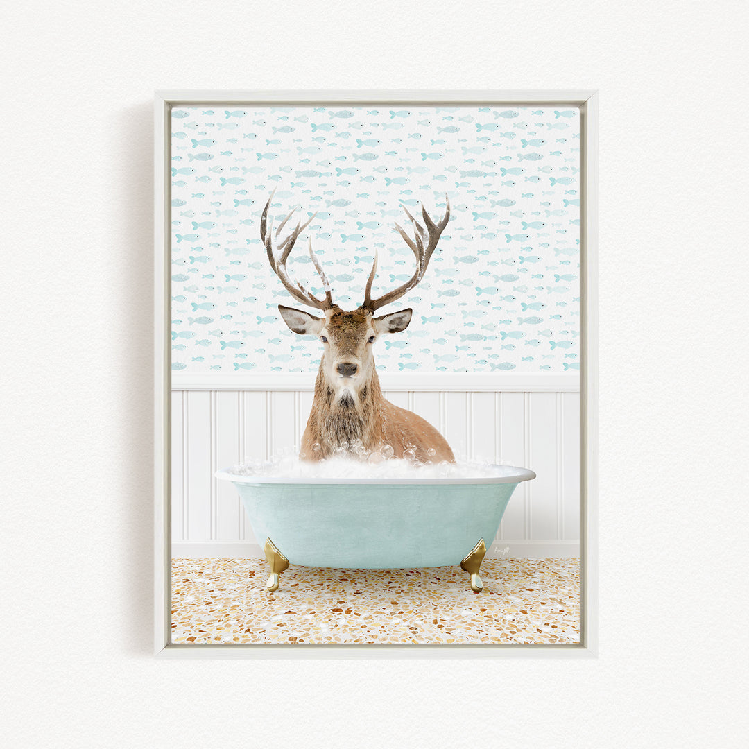 A deer with antlers is sitting in a bathtub filled with bubbles, surrounded by a pattern of fish.