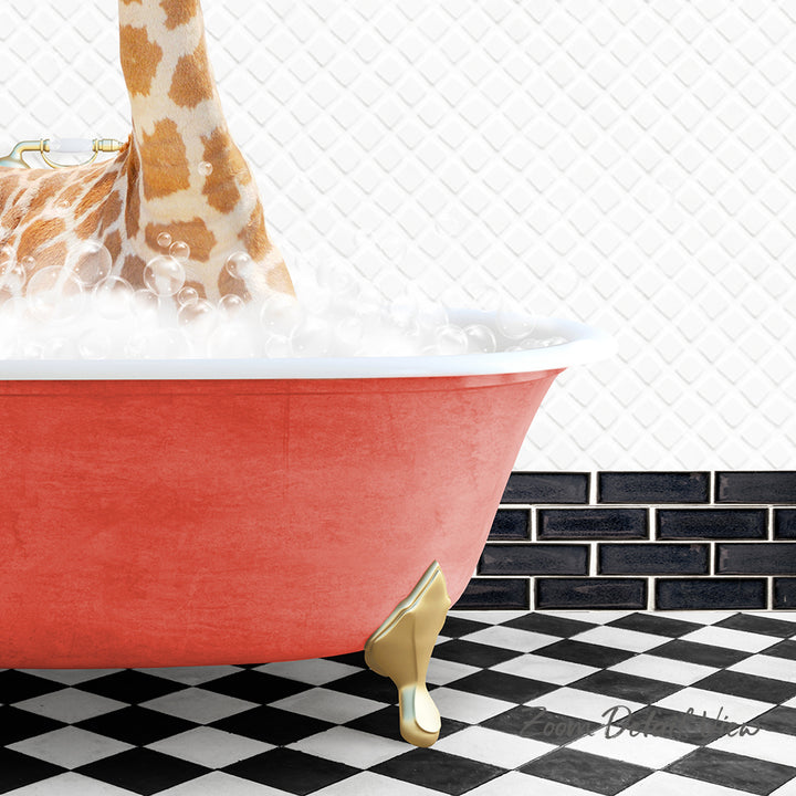 A giraffe is standing in a red bathtub filled with bubbles, with a black and white checkered floor and a brick wall in the background.
