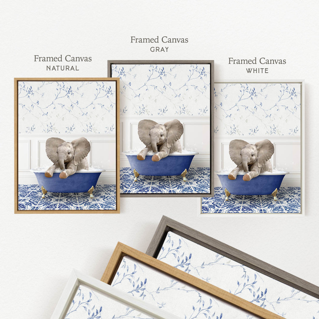a framed canvas with a gray elephant sitting in a blue bathtub, surrounded by a blue and white floral pattern.