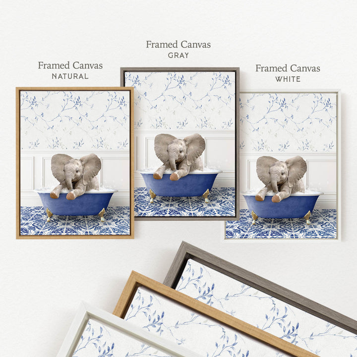 a framed canvas with a gray elephant sitting in a blue bathtub, surrounded by a blue and white floral pattern.