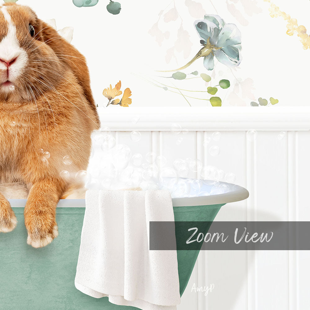 A cute orange rabbit sitting in a green bathtub filled with bubbles, with a floral wallpaper in the background.