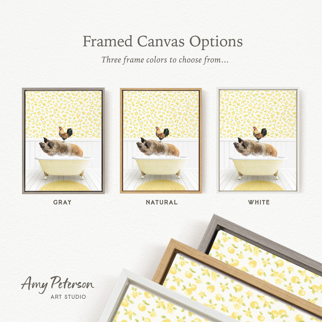 The image is a framed canvas option showcasing three different framed canvas options, each featuring a dog and a rooster in a bathtub. The options include a gray frame, a natural frame, and a white frame.