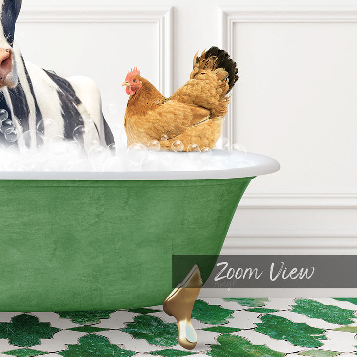 A chicken is sitting in a green bathtub filled with bubbles, while a black and white striped animal is standing nearby.