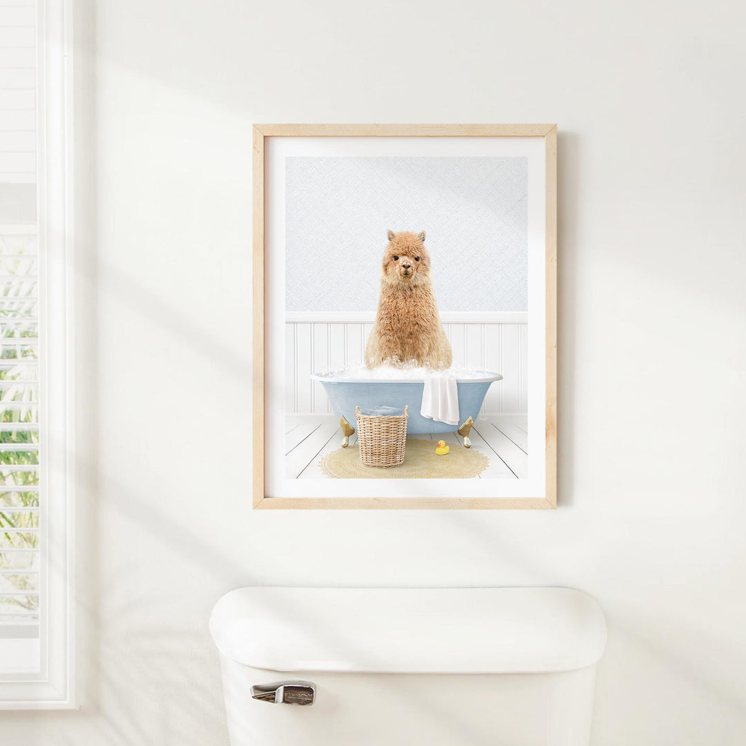 A small brown dog sitting in a blue bathtub, with a basket of bath toys nearby, in a bathroom setting.