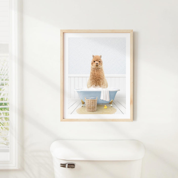 A small brown dog sitting in a blue bathtub, with a basket of bath toys nearby, in a bathroom setting.