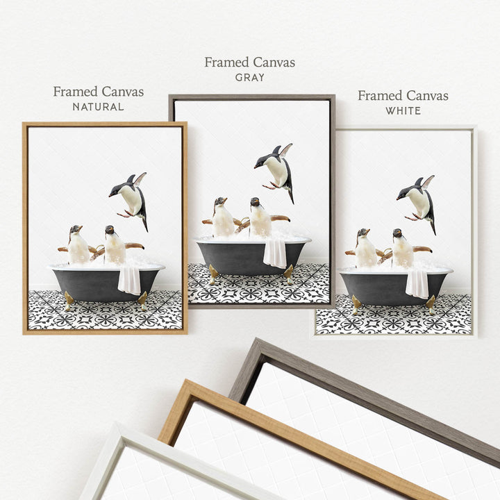 The image is a framed canvas depicting penguins in a bathtub, with three different color options labeled as " Framed Canvas Natural", " Framed Canvas Gray", and " Framed Canvas White".