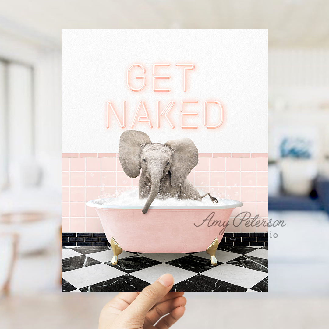 a person holding up a card with an elephant in a bathtub